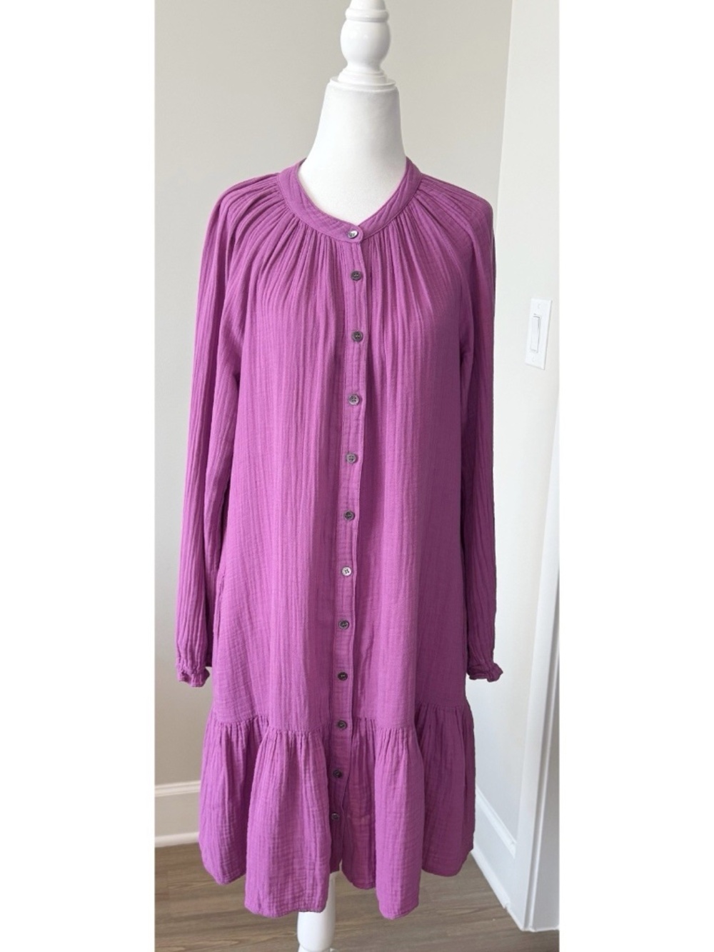 XIRENA Size S Rainey Cotton Gauze Dress Magenta Pink Button Front Long Sleeve